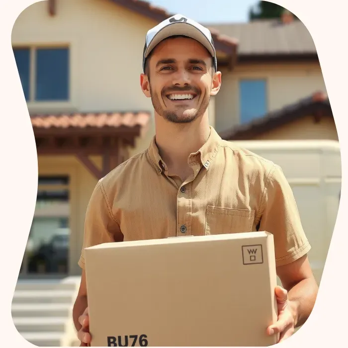 Two removalists moving boxes up stairs