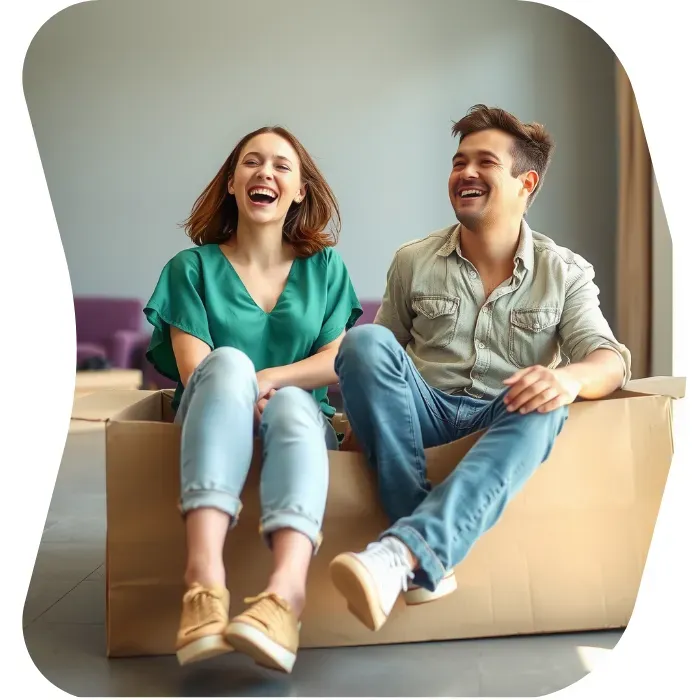 Two guys sitting on the floor of their apartment with Muval moving boxes
